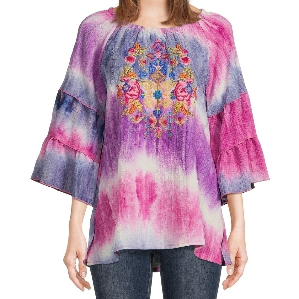 Calessa Tie Dye Floral Embroidered Round Neck Tunic Top 2X Wide Bell Sleeves